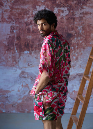 Suvansh Pink Printed Shirt And Shorts by Mahima Mahajan Men, available on Indiaspopup.com