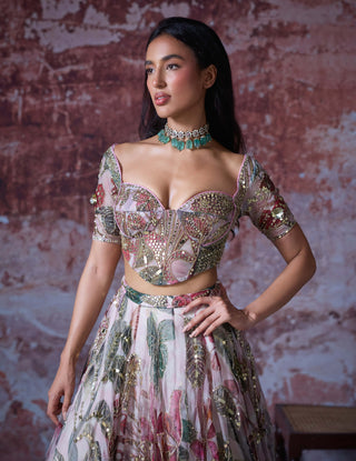 Rumi Soft Pink Lehenga And Corset Set by Mahima Mahajan, available on Indiaspopup.com