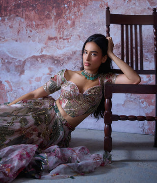 Rumi Soft Pink Lehenga And Corset Set by Mahima Mahajan, available on Indiaspopup.com