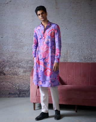 Saha Lilac Printed Kurta And Pants by Mahima Mahajan Men, available on Indiaspopup.com