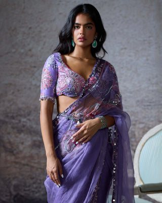 Janvi Lilac Draped Sari Set by Mahima Mahajan, available on Indiaspopup.com