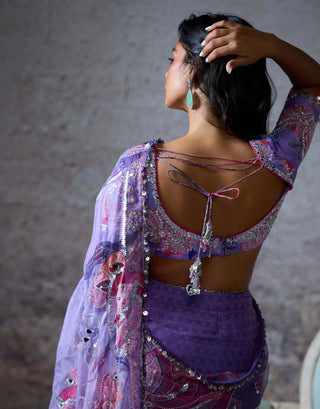 Janvi Lilac Draped Sari Set by Mahima Mahajan, available on Indiaspopup.com