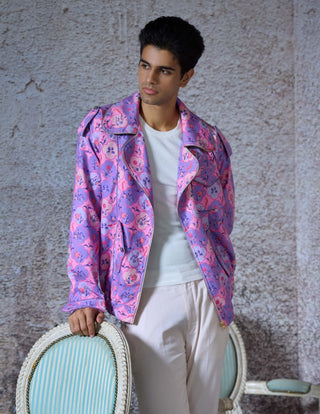 Rob Lilac Printed Bomber Jacket by Mahima Mahajan Men, available on Indiaspopup.com