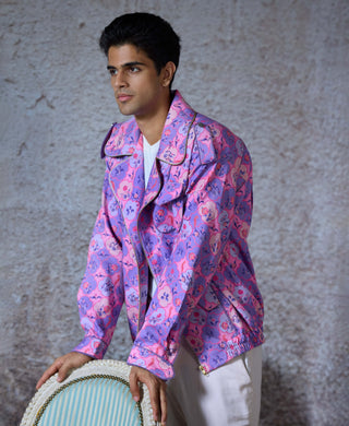 Rob Lilac Printed Bomber Jacket by Mahima Mahajan Men, available on Indiaspopup.com