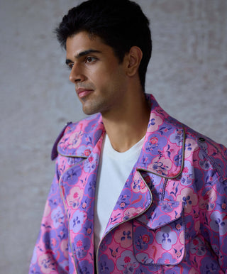 Rob Lilac Printed Bomber Jacket by Mahima Mahajan Men, available on Indiaspopup.com