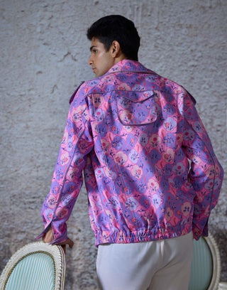 Rob Lilac Printed Bomber Jacket by Mahima Mahajan Men, available on Indiaspopup.com