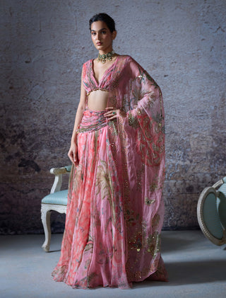 Dua Blush Pink Printed Lehenga Set by Mahima Mahajan, available on Indiaspopup.com