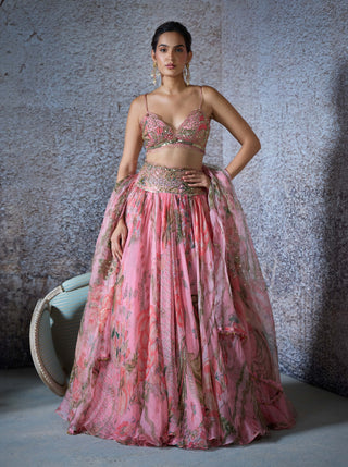 Arya Blush Pink Printed Lehenga Set by Mahima Mahajan, available on Indiaspopup.com