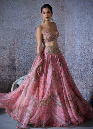 Arya Blush Pink Printed Lehenga Set by Mahima Mahajan, available on Indiaspopup.com