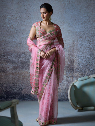 Benu Blush Pink Draped Sari And Blouse by Mahima Mahajan, available on Indiaspopup.com