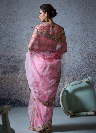 Benu Blush Pink Draped Sari And Blouse by Mahima Mahajan, available on Indiaspopup.com