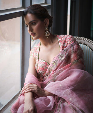 Benu Blush Pink Draped Sari And Blouse by Mahima Mahajan, available on Indiaspopup.com