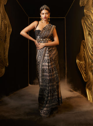 Ekaya Black Cutwork Emboss Sari available on indiaspopup