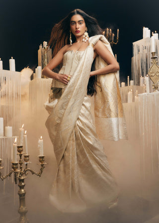 Ekaya Cream Cutwork Emboss Silk Sari available on indiaspopup