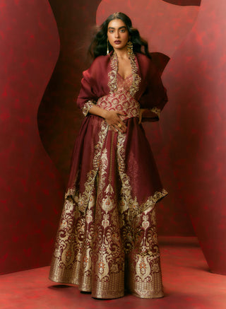 Ekaya Maroon Inferno Lehenga Set available on indiaspopup