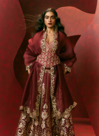 Ekaya Maroon Inferno Lehenga Set available on indiaspopup