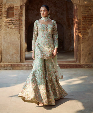 Mint green raw silk gharara set