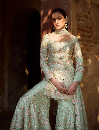 Mint green raw silk gharara set