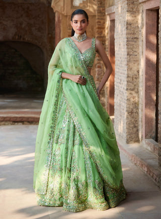 Lime green organza lehenga set