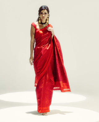 Radiant Red Red Snapper Sari With Unstitched Blouse Piece by Ekaya available on Indiaspopup.com