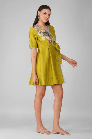 Devyani Mehrotra-Lime Green Applique Wrap Dress-INDIASPOPUP.COM