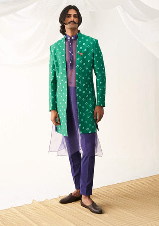Itrh Men-Green Bandhani Jacket And Kurta Set-INDIASPOPUP.COM