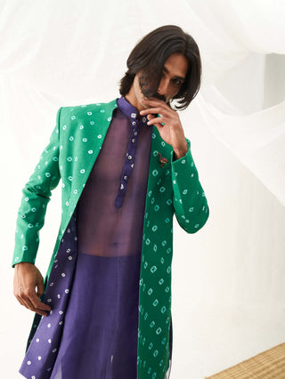 Itrh Men-Green Bandhani Jacket And Kurta Set-INDIASPOPUP.COM
