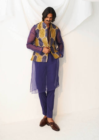 Itrh Men-Olive Blue Hexagon Bandi And Kurta Set-INDIASPOPUP.COM