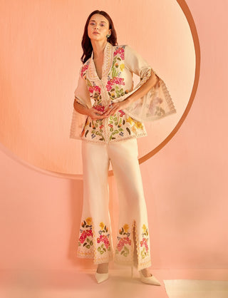 Ivory floral threadwork flared jacket and pants