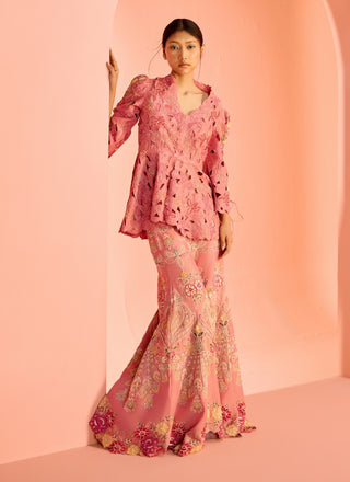 Pink cutwork peplum jacket and sharara pants