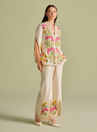 Ivory floral threadwork flared jacket and pants