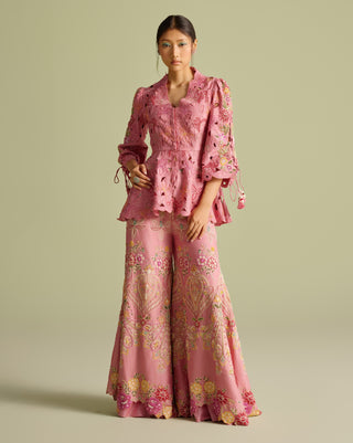 Pink cutwork peplum jacket and sharara pants