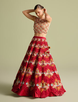 Ivory scallop embroidered top and red lehenga