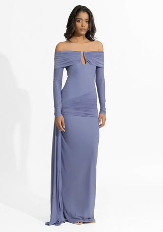 Aleksy Peri Blue Fitted Gown by Deme By Gabriella, available on Indiaspopup.com