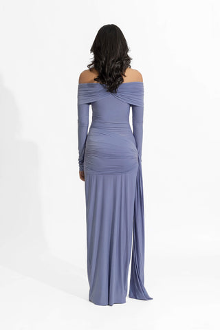 Aleksy Peri Blue Fitted Gown by Deme By Gabriella, available on Indiaspopup.com