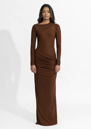 Hena Chocolate Brown Fitted Gown by Deme By Gabriella, available on Indiaspopup.com