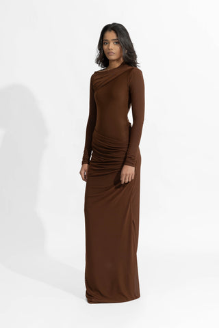 Hena Chocolate Brown Fitted Gown by Deme By Gabriella, available on Indiaspopup.com