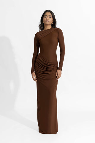 Hena Chocolate Brown Fitted Gown by Deme By Gabriella, available on Indiaspopup.com