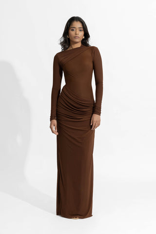 Hena Chocolate Brown Fitted Gown by Deme By Gabriella, available on Indiaspopup.com