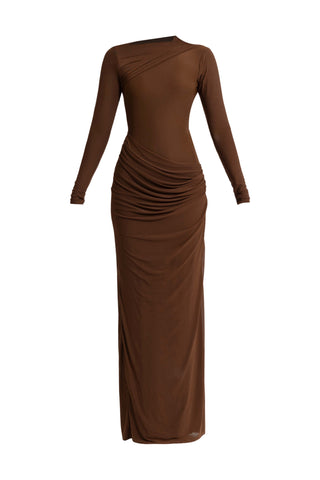 Hena Chocolate Brown Fitted Gown by Deme By Gabriella, available on Indiaspopup.com