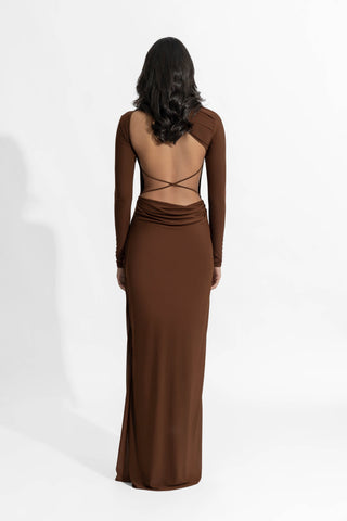 Hena Chocolate Brown Fitted Gown by Deme By Gabriella, available on Indiaspopup.com