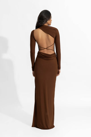 Hena Chocolate Brown Fitted Gown by Deme By Gabriella, available on Indiaspopup.com