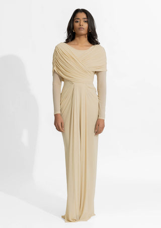 Amelia Barely Beige Fitted Gown by Deme By Gabriella, available on Indiaspopup.com