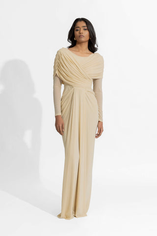 Amelia Barely Beige Fitted Gown by Deme By Gabriella, available on Indiaspopup.com