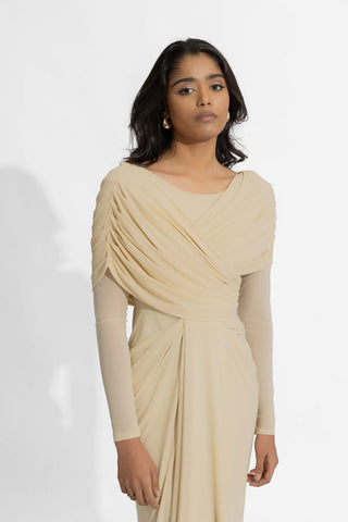 Amelia Barely Beige Fitted Gown by Deme By Gabriella, available on Indiaspopup.com