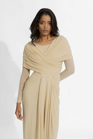 Amelia Barely Beige Fitted Gown by Deme By Gabriella, available on Indiaspopup.com