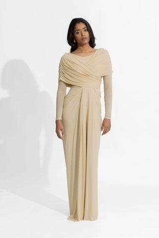 Amelia Barely Beige Fitted Gown by Deme By Gabriella, available on Indiaspopup.com