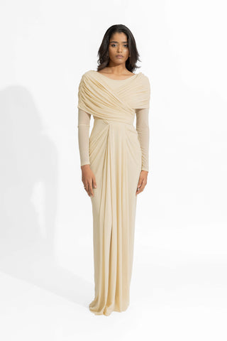 Amelia Barely Beige Fitted Gown by Deme By Gabriella, available on Indiaspopup.com