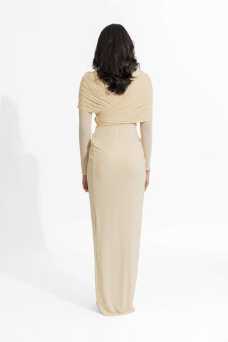 Amelia Barely Beige Fitted Gown by Deme By Gabriella, available on Indiaspopup.com