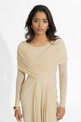 Amelia Barely Beige Fitted Gown by Deme By Gabriella, available on Indiaspopup.com